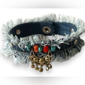 Upcycled Denim Bracelet with Turquoise and Cornelian Stones & silver charm.